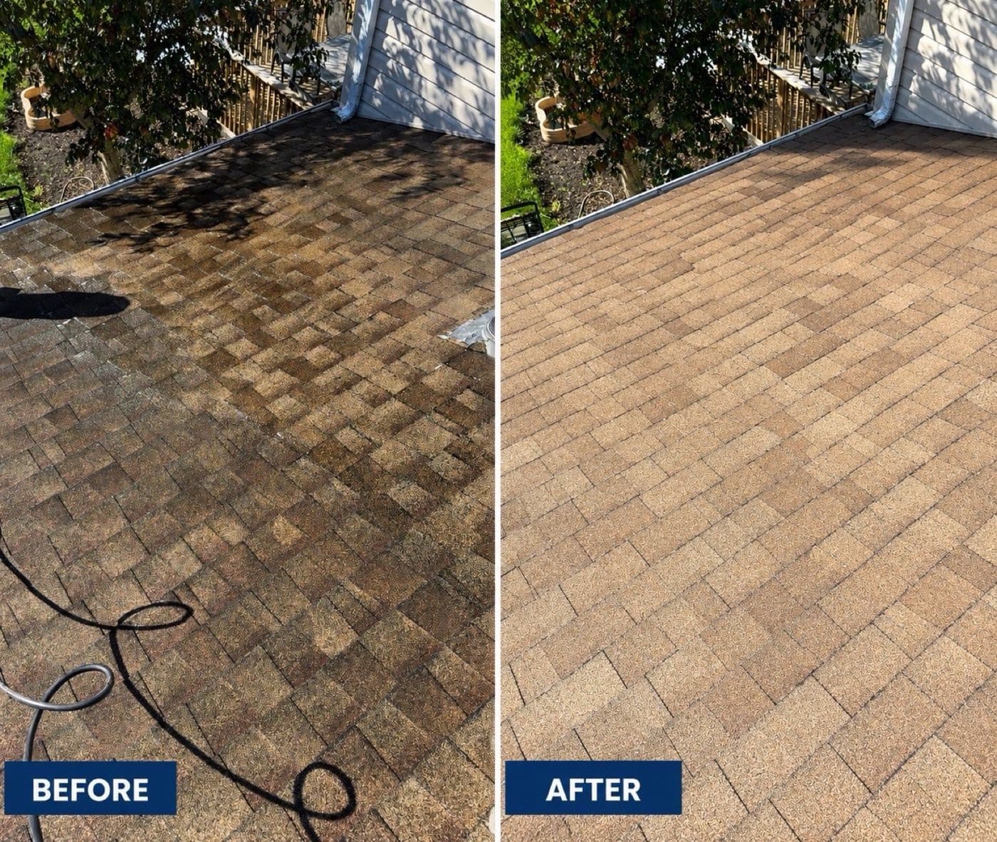 Roof shown half-cleaned, before and after